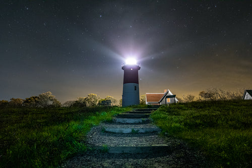 Night sky with the stairway leading up to Nauset Light in Eastham Massachusetts